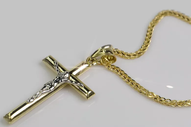 Italienische gelbe 14 Karat Gold Catholic Cross & Spiga Kette