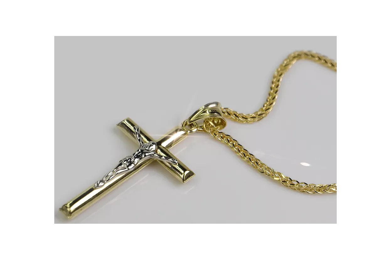 Croix catholique italienne en or jaune 14 carats et chaîne Spiga