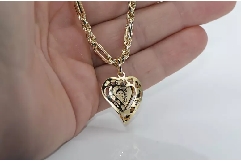 Mother of God virgin Mary 14k gold pendant & Corda Figaro chain pm017yM&cc004y45