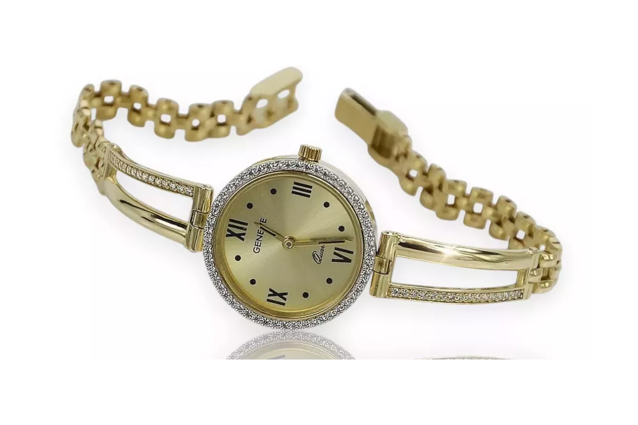 Amarillo dama de oro de 14k redondo reloj de Geneve lw075ydy