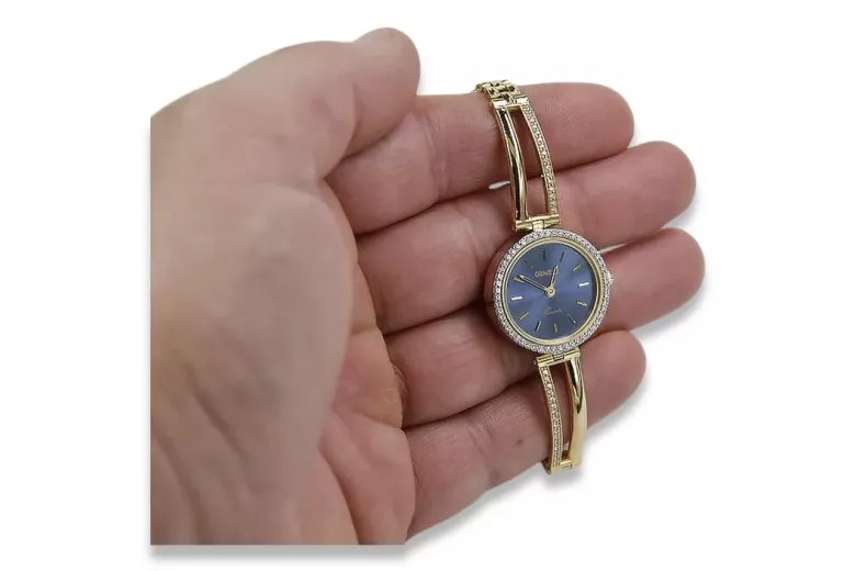 Gelbe 14k goldene Dame rund blaues Zifferblatt Geneve watch lw075ydbl