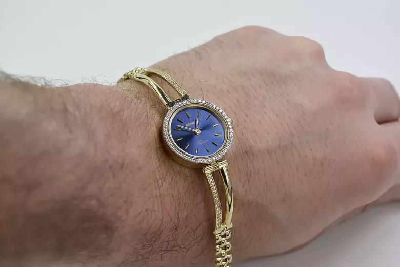 Gelbe 14k goldene Dame rund blaues Zifferblatt Geneve watch lw075ydbl