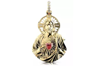 Gelbgold 14 Karat 585 Anhänger Jesus-Ikone mit Rubin-Zirkon pj006y