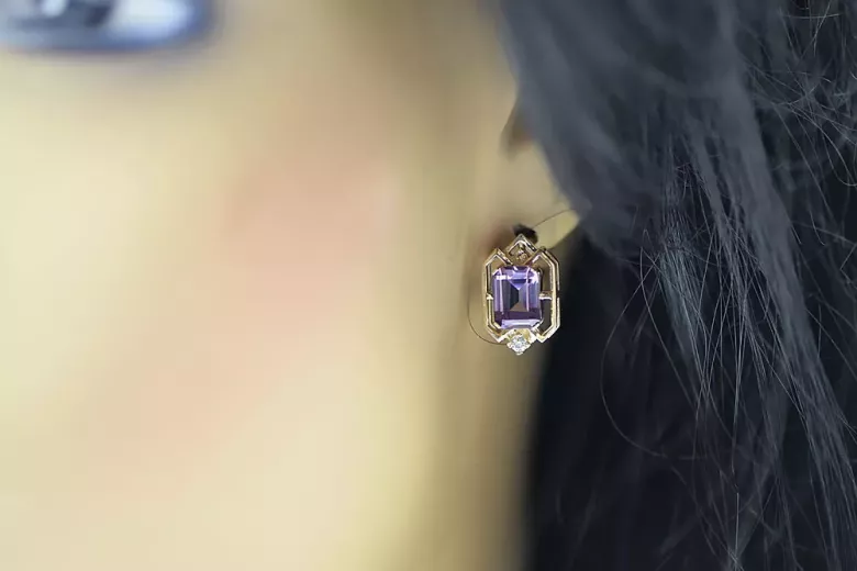 Rose pink 14k 585 gold alexandrite earrings vec020r Vintage Russian Soviet style