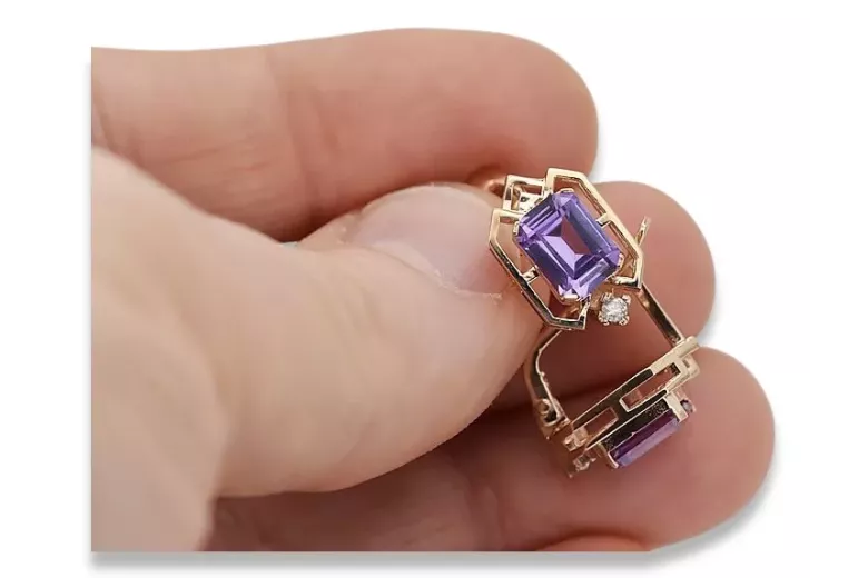 Rose pink 14k 585 gold alexandrite earrings vec020r Vintage Russian Soviet style