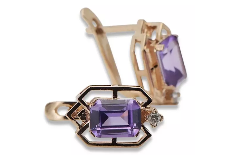 Rose pink 14k 585 gold alexandrite diamond earrings vec020r Vintage Russian Soviet style