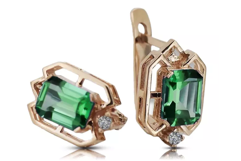 Diamants émeraudes Vintage Boucles d'oreilles artisanat Original 14K Rose Gold vec020r