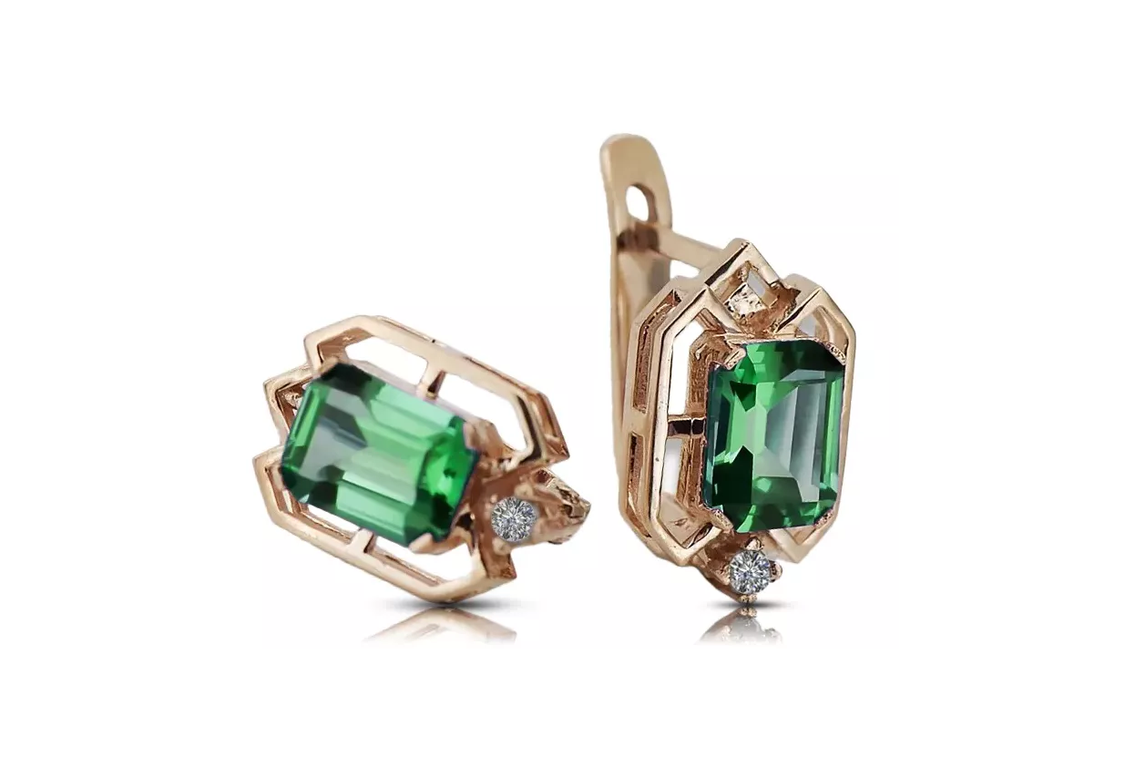 Diamants émeraudes Vintage Boucles d'oreilles artisanat Original 14K Rose Gold vec020r Diamants émeraudes Vintage Boucles d'oreilles artisanat Original 14K Rose Gold vec020r