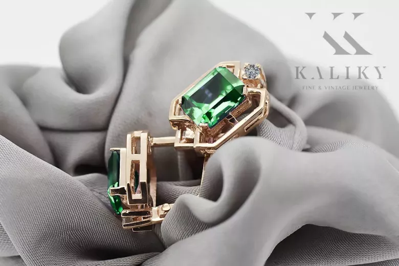 Diamante de smaragd cercei vintage artizanal original 14K aur roz vec020r