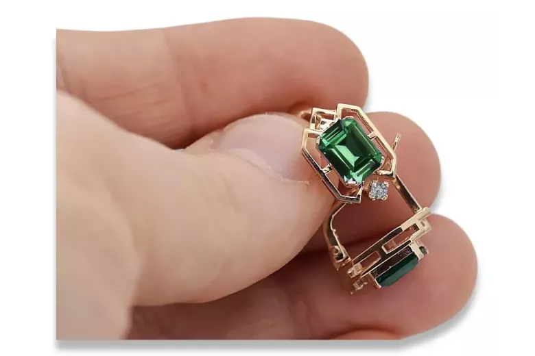 Изумрудени диаманти Винтидж обеци изработка Оригинално 14K розово злато vec020r