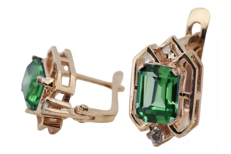 Diamants émeraudes Vintage Boucles d'oreilles artisanat Original 14K Rose Gold vec020r