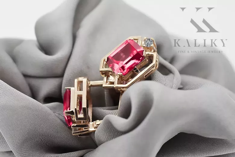 Ruby diamonds Vintage Earrings craft Original 14K Rose Gold vec020r
