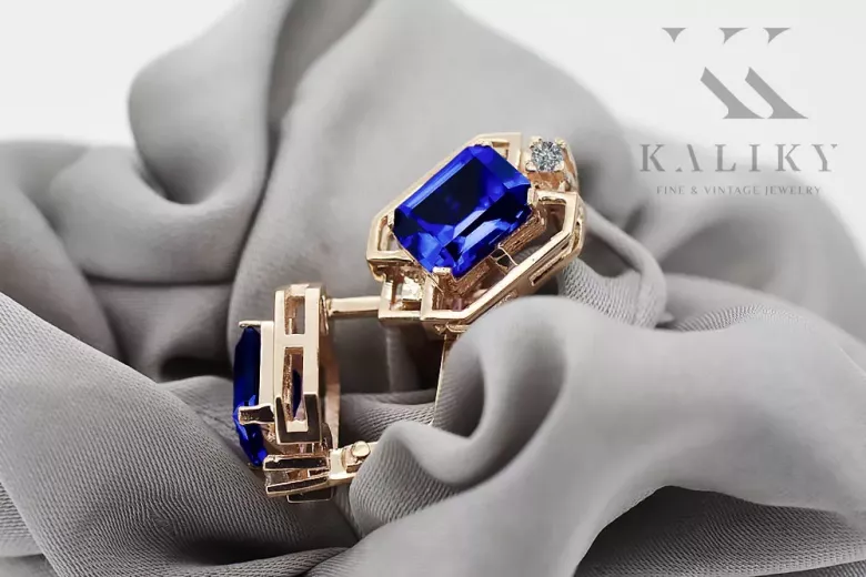 Сапфір діаманти Вінтажні сережки ремесла оригінальні 14K Рожеве золото vec020r