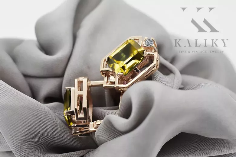 Cercei vintage cu diamante galbene și peridot, artizanali, aur roz de 14K, vec020r