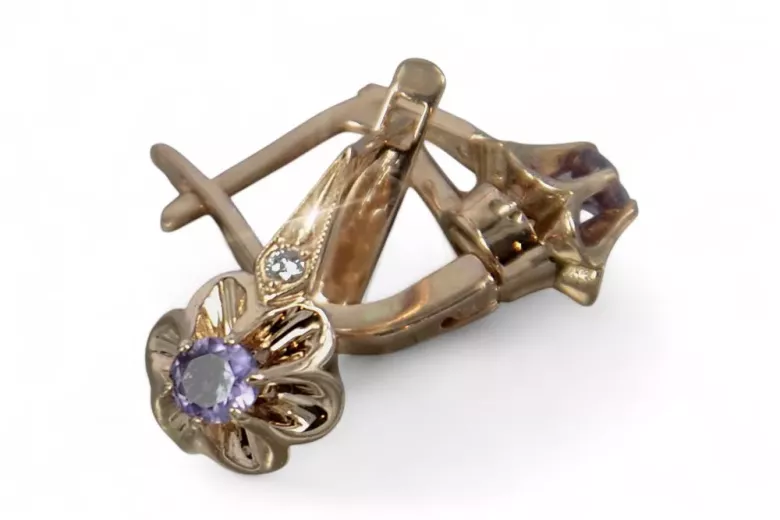 Boucles d’oreilles en or rose soviétique russe 14k 585 vec195 alexandrite rubis émeraude saphir ...