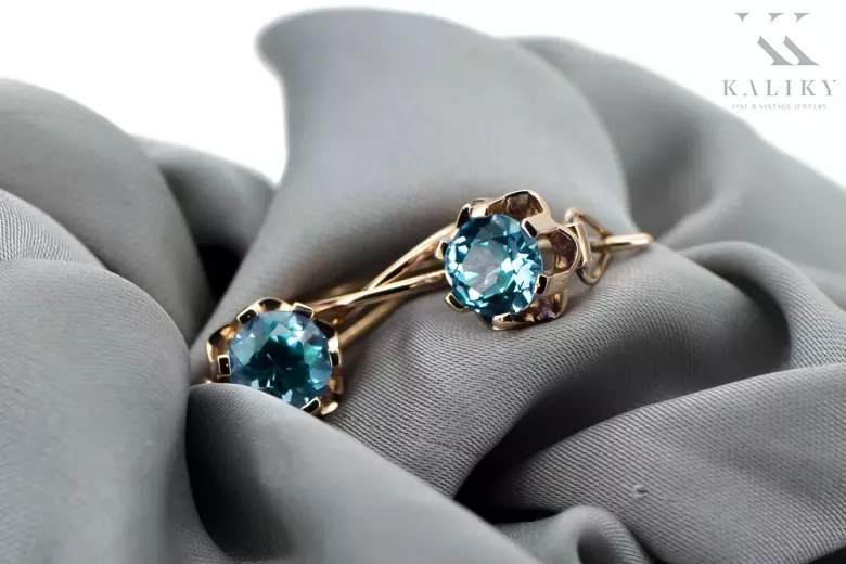 Rose pink 14k 585 gold aquamarine earrings vec019 Vintage Russian Soviet style