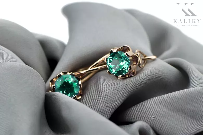 Rose pink 14k 585 gold emerald earrings vec019 Vintage Russian Soviet style