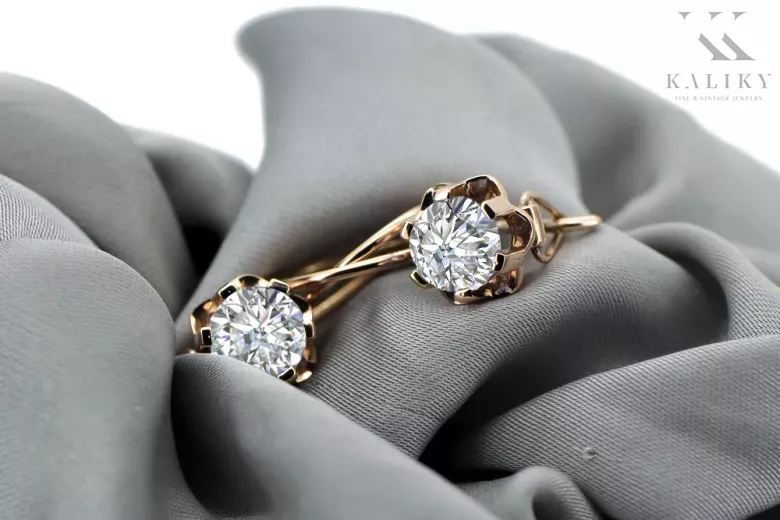 Rose pink 14k 585 gold zircon earrings vec019 Vintage Russian Soviet style
