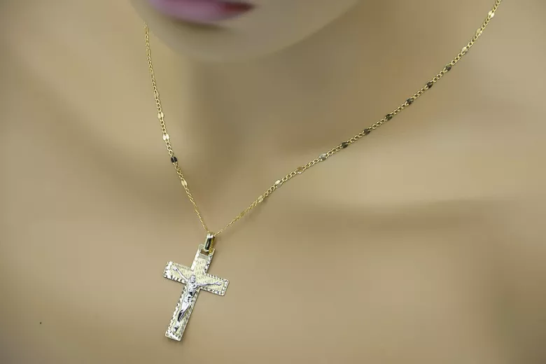Exquisites 14K Gelb- & Weißgol Italienisches Katholisches Jesus Kreuz Schmuckstück ctc003yw