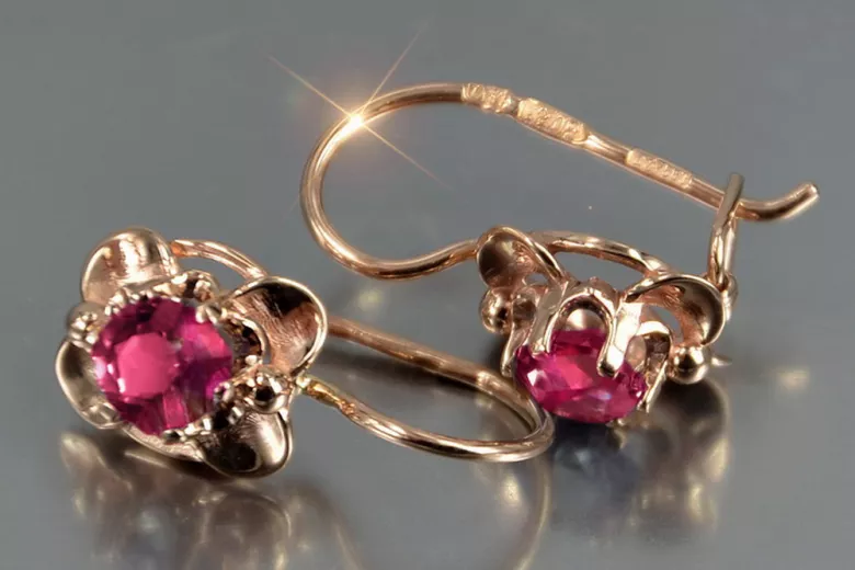 Boucles d’oreilles en or rose soviétique russe 14k 585 vec116 alexandrite rubis émeraude saphir ...