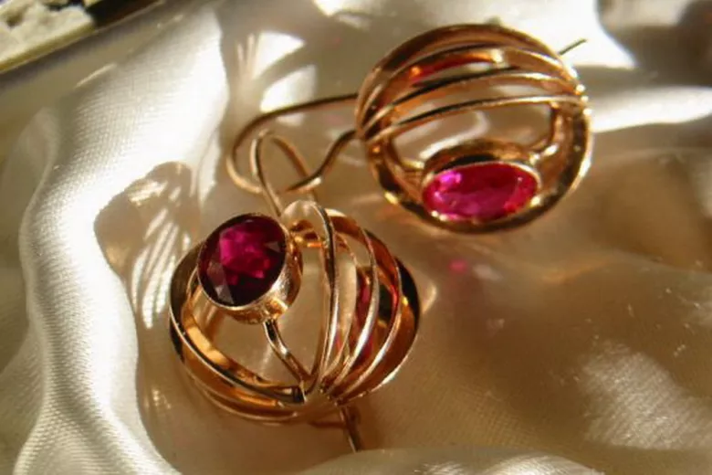 Vintage rose pink 14k 585 gold earrings vec124 alexandrite ruby emerald sapphire ...
