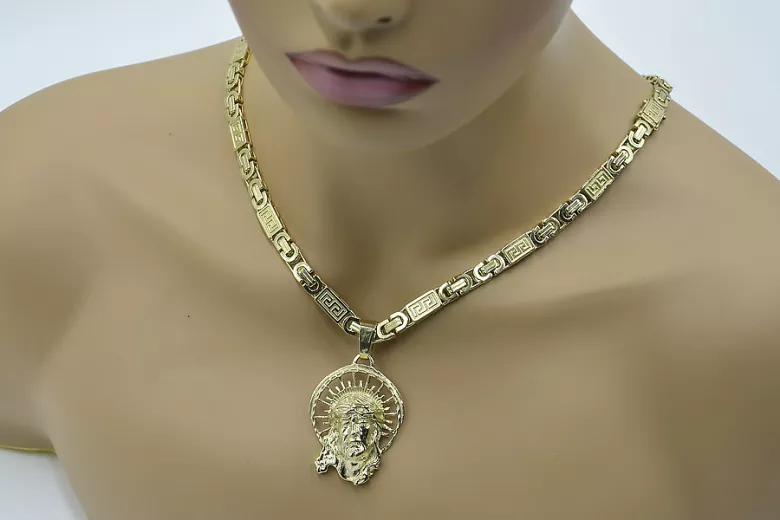 Colgante de oro Jesús 14k 585 cadena bizantina real pj008yL&cc050y