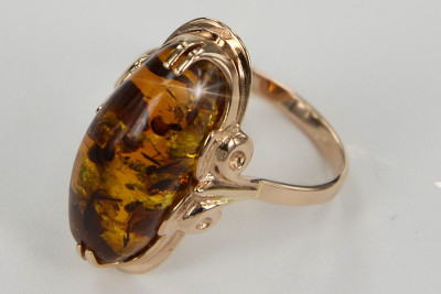 "Оригинален 14к розово златен пръстен с кехлибар във винтидж стил" vrab010