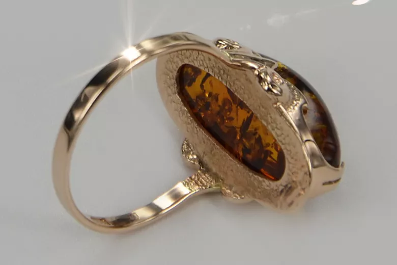 Radziecki 14k 585 złoty Rosyjski pierścionek z różowego złota z bursztynem  vrab010