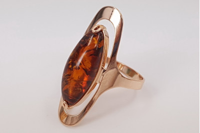 Anneau d'ambre vintage en or rose 14 carats authentique vrab016