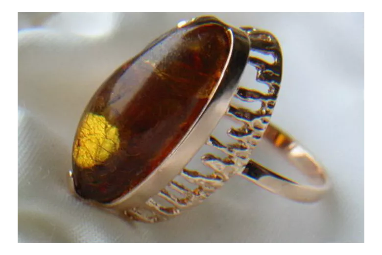 Radziecki 14k 585 złoty Rosyjski pierścionek z różowego złota z bursztynem  vrab029