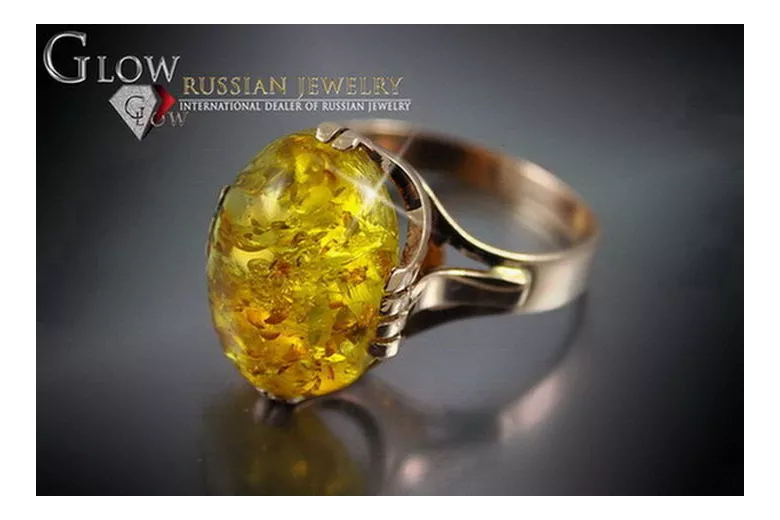 Radziecki 14k 585 złoty Rosyjski pierścionek z różowego złota z bursztynem  vrab032