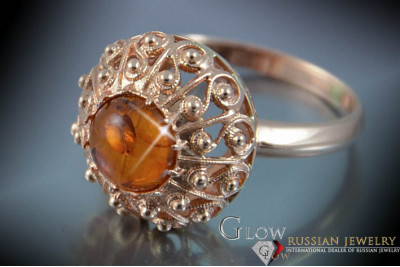 Уникален 14k розово златен пръстен с кехлибар във винтидж дизайн vrab036