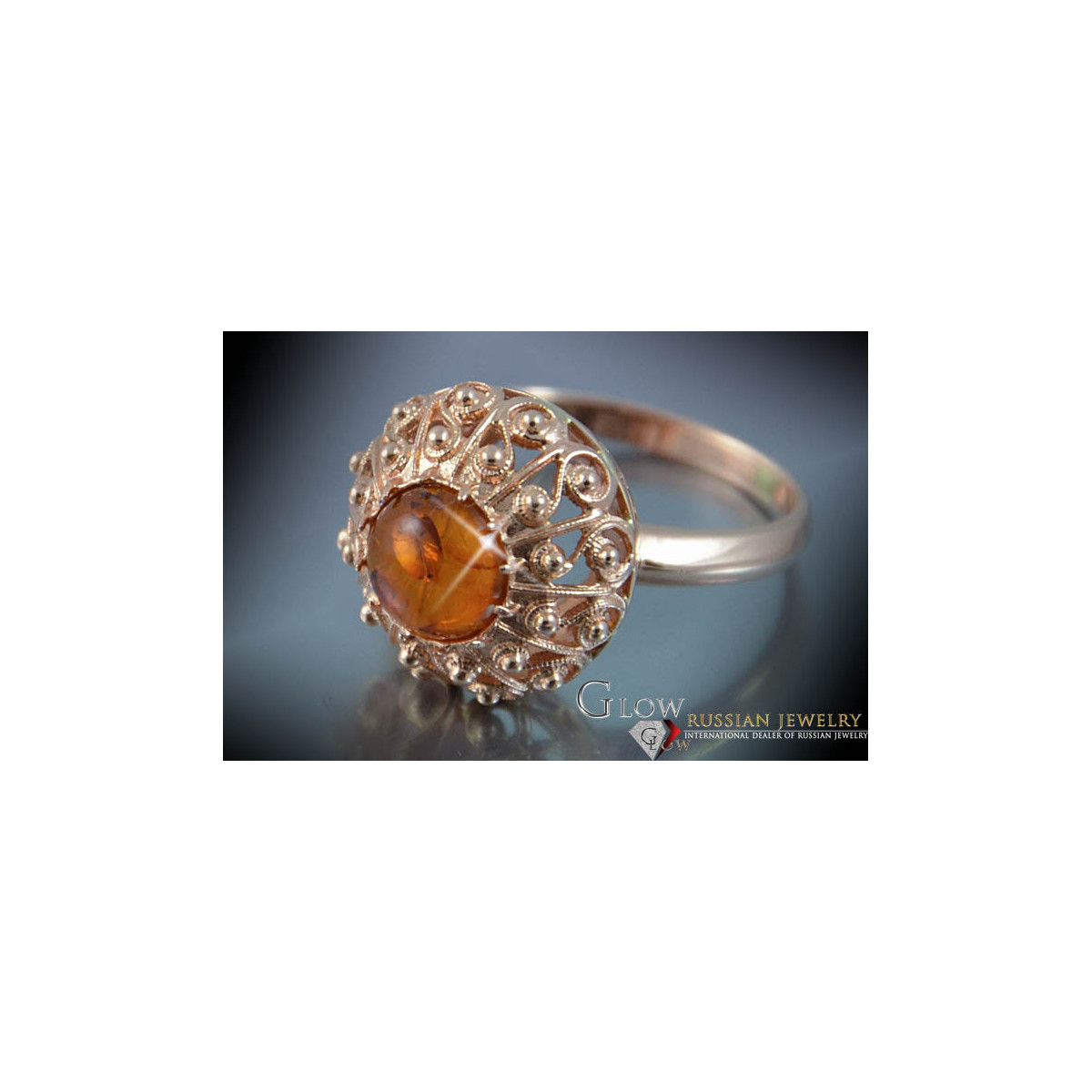 Russian rose Soviet pink USSR red 585 583 gold amber ring vrab036