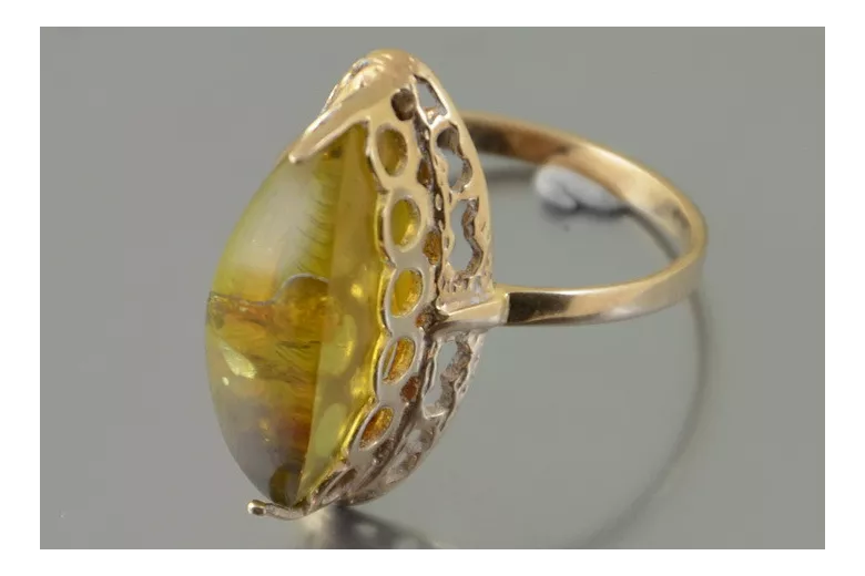 Radziecki 14k 585 złoty Rosyjski pierścionek z różowego złota z bursztynem  vrab043