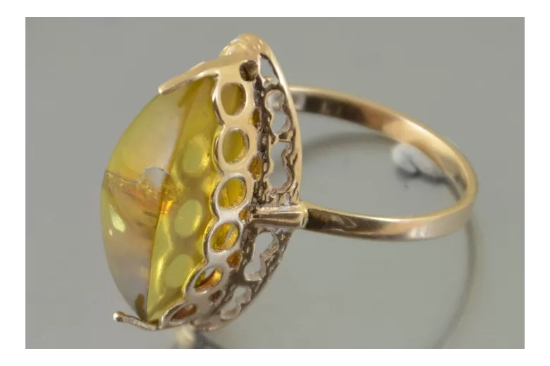 Radziecki 14k 585 złoty Rosyjski pierścionek z różowego złota z bursztynem  vrab043
