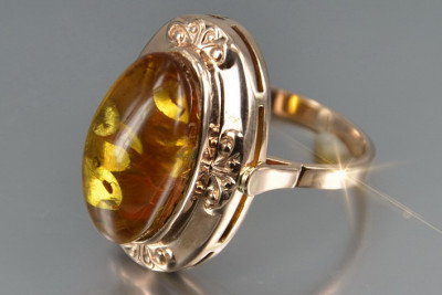 Елегантний вінтажний 14k рожевий золотий перстень з бурштином vrab049
