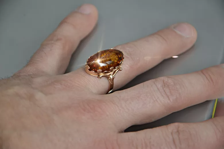 Radziecki 14k 585 złoty Rosyjski pierścionek z różowego złota z bursztynem  vrab052