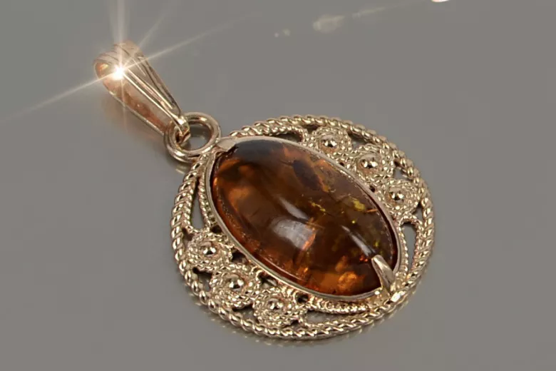 "Bijou Vintage : Pendentif Ambre en Or Rose 14 Carats d'Origine" vpab004