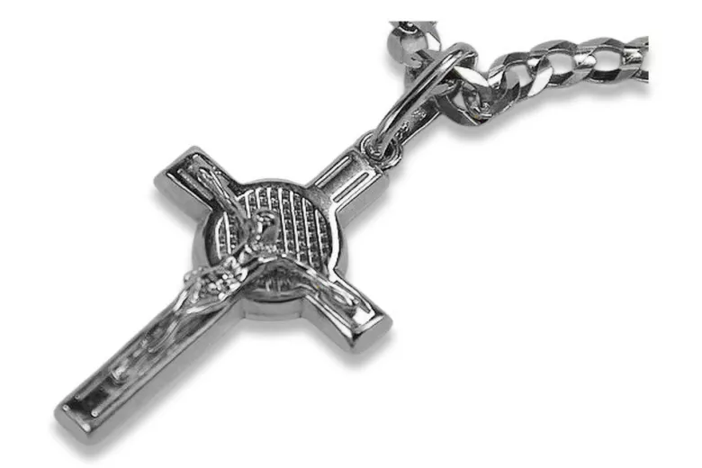 Katolicki Krzyż Jezusa z 14k Białego Złota 585 ctc021w
