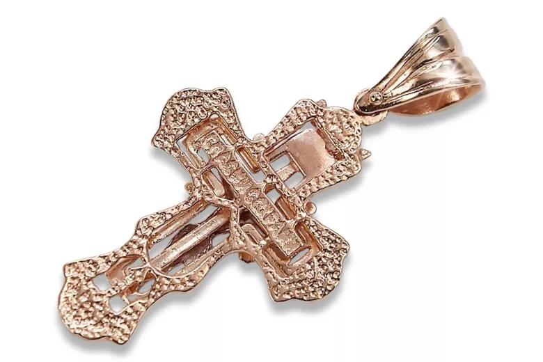 Krzyż prawosławny z 14k czerwonego złota w stylu vintage z różowymi akcentami oc008r