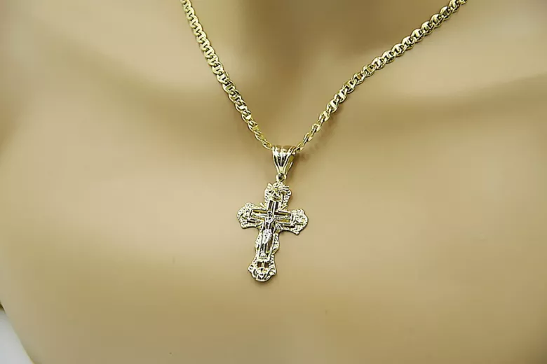 Krzyż prawosławny z 14k czerwonego złota w stylu vintage z różowymi akcentami oc008r