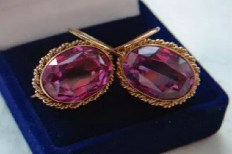 Boucles d’oreilles en or rose soviétique russe 14k 585 vec007 alexandrite rubis émeraude saphir ...
