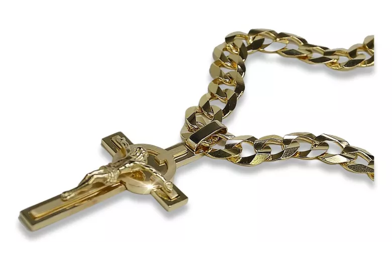 Cruz católica amarilla de oro de 14k con cadena elegante ctc096y&cc099y