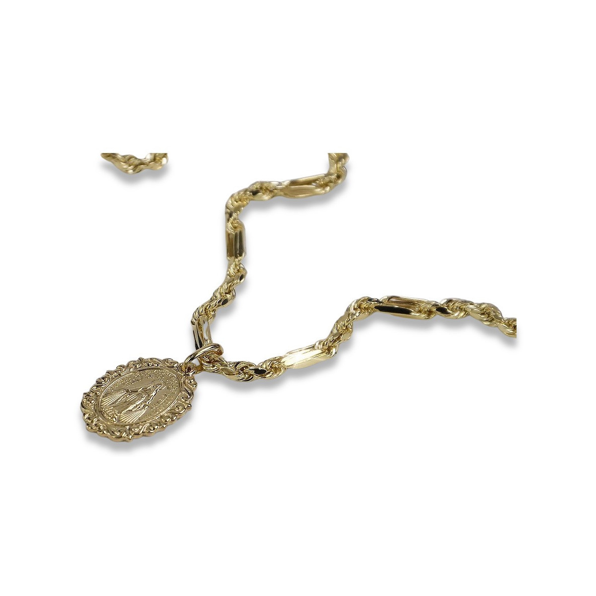 Жълто злато Богородица медальон и верига Corda Figaro