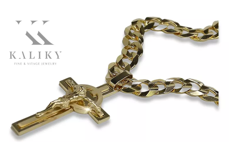 Italian yellow 14k gold Catholic cross & gourmette chain