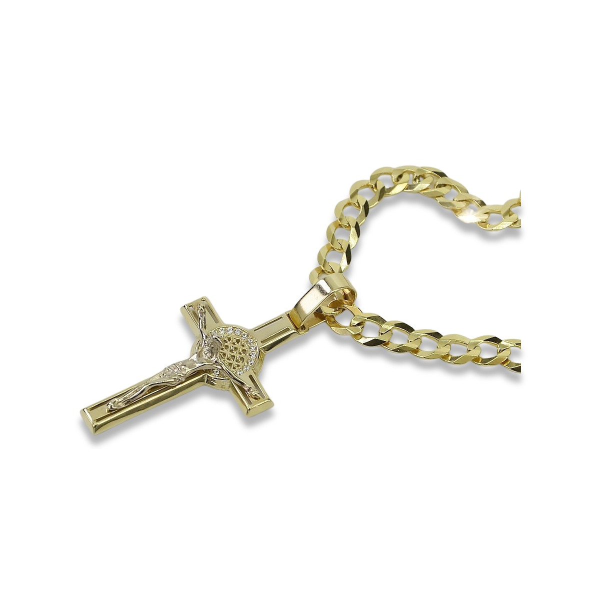 Cruz católica amarilla de oro de 14k y cadena Gourmette ctc024yw&cc001y