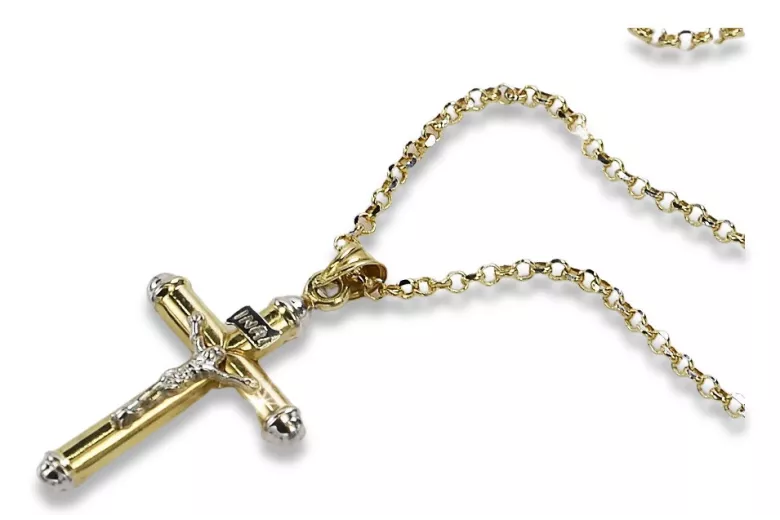 Cruz católica amarilla italiana de 14k oro y cadena de ancla