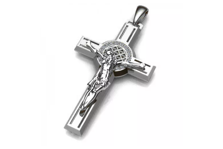 Wisiorek z 14k białego złota w kształcie katolickiego krzyża Jezusa ctc027w