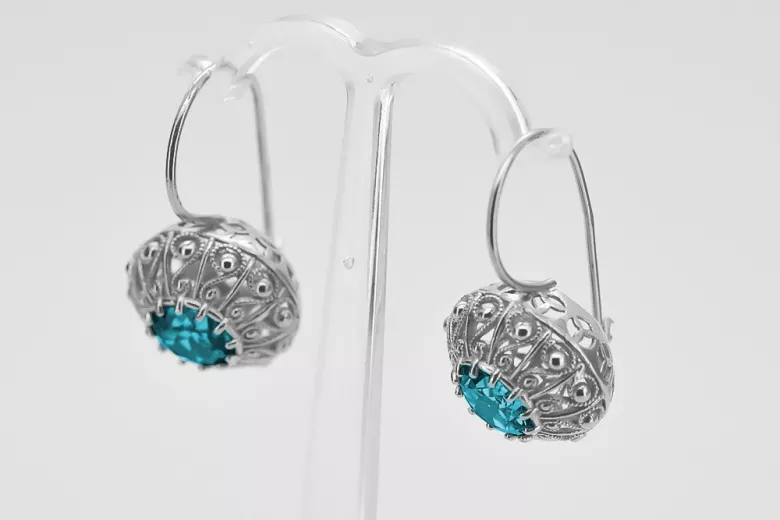 Russian Vintage Style Diamond Aquamarine Earrings E1118 - Anzor Jewelry