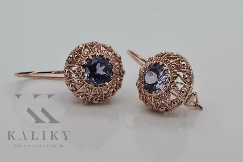 Original 14K Rose Pink Gold Alexandrite Earrings - Vintage Soviet Russian Jewelry vec002